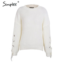 Load image into Gallery viewer, Simplee Casual o neck knitted sweater women jumper Lace up sleeve knitting pull femme 2019 autumn winter sweater pullover female