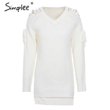Load image into Gallery viewer, Simplee Casual o neck knitted sweater women jumper Lace up sleeve knitting pull femme 2019 autumn winter sweater pullover female