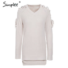 Load image into Gallery viewer, Simplee Casual o neck knitted sweater women jumper Lace up sleeve knitting pull femme 2019 autumn winter sweater pullover female