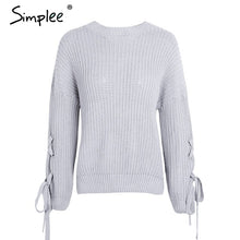 Load image into Gallery viewer, Simplee Casual o neck knitted sweater women jumper Lace up sleeve knitting pull femme 2019 autumn winter sweater pullover female