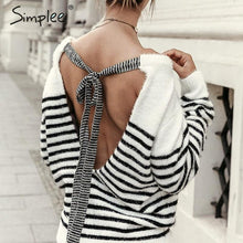Load image into Gallery viewer, Simplee Sexy backless lace up mohair women pullover sweater Autumn winter soft female sweater casual Strip o-neck ladies jumper