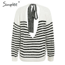 Load image into Gallery viewer, Simplee Sexy backless lace up mohair women pullover sweater Autumn winter soft female sweater casual Strip o-neck ladies jumper
