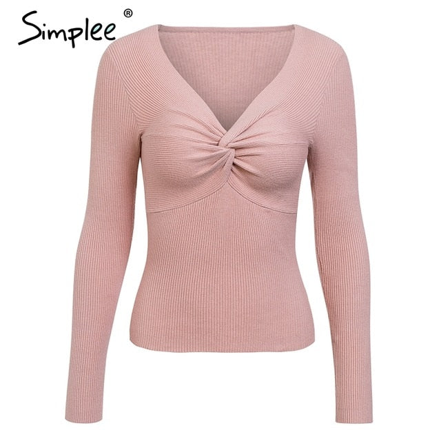 Simplee Criss cross v neck knitted sweater women Long sleeve winter 2018 pullover All match jumper pull femme pink sweater